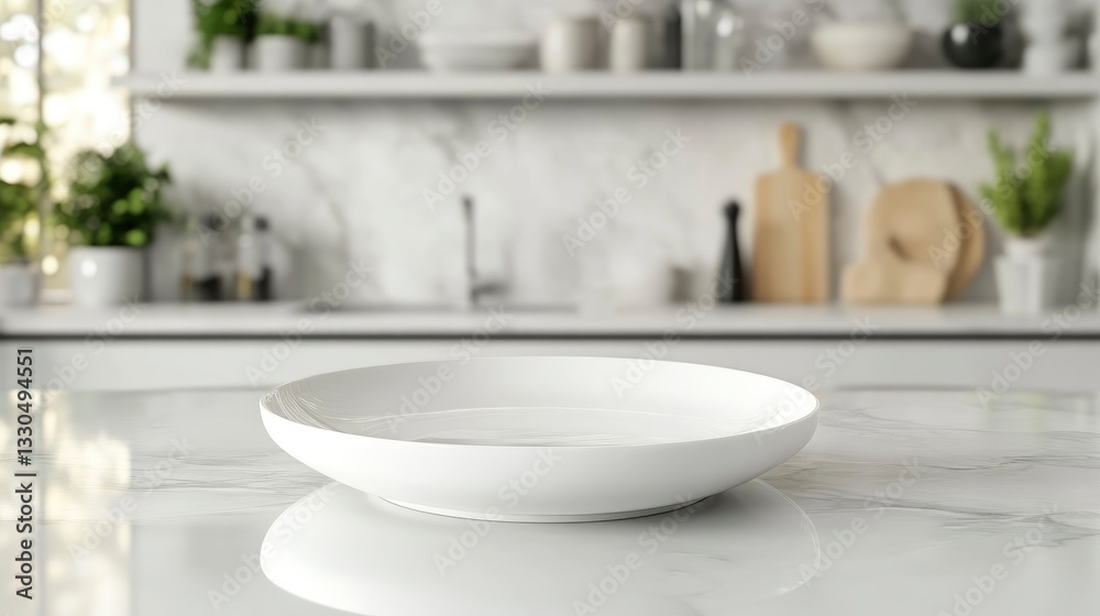 Empty White Plate on Marble Countertop in Bright Kitchen Setting Empty White Plate on Marble Countertop in Bright Kitchen Setting