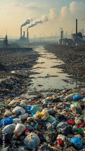 Industrial pollution creates a stark contrast with nature in a heavily contaminated river bank surrounded by factories during early morning hours