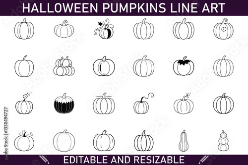 Halloween Pumpkins Line Art Editable, Resizable Vector Illustrations