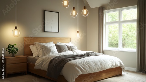 A cozy bedroom with a wooden bed in a light walnut finish, featuring a soft white and grey color scheme