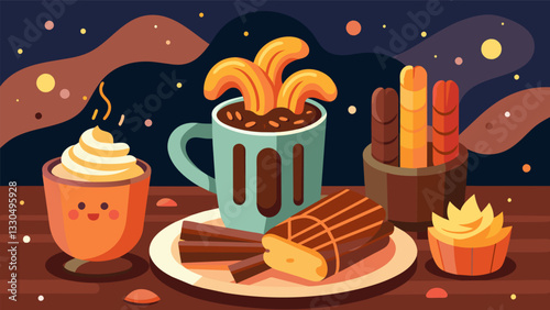The scent of warm churros mingled with the aroma of rich hot chocolate creating a cozy and inviting atmosphere.. Vector illustration