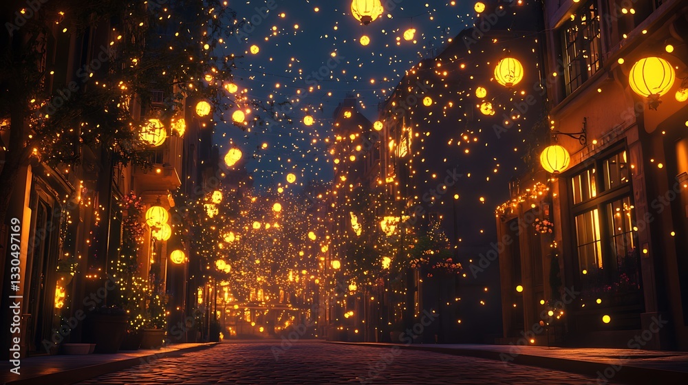 Magical night street scene with glowing lanterns and lights. Magical night street scene with glowing lanterns and lights.