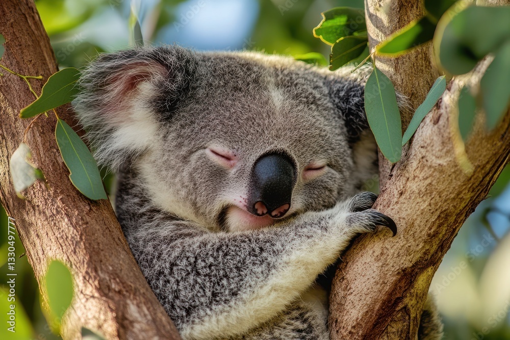 Fototapeta premium A koala sleeping in the fork of a eucalyptus tree