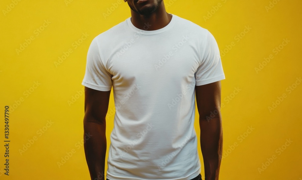 Attractive African American man wearing blank white t-shirt on yellow background. Mockup for tshirt print design Attractive African American man wearing blank white t-shirt on yellow background. Mockup for tshirt print design