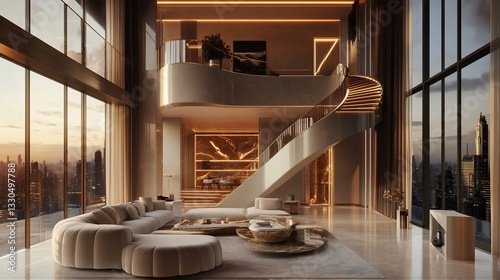 Extravagant Penthouse Interior Design with Striking Staircase at Twilight