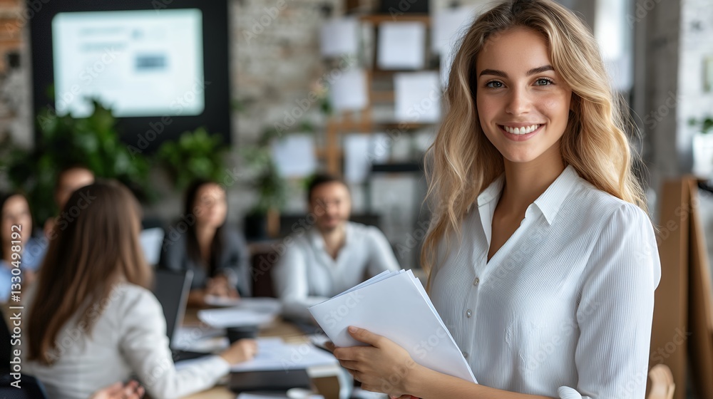 Smiling businesswoman leading meeting holding documents in a bright office setting Smiling businesswoman leading meeting holding documents in a bright office setting