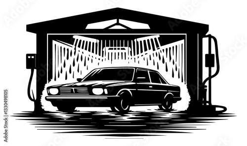 Black and white silhouette of a car wash. Vector graphics. EPS.