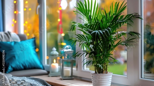 Cozy interior with potted palm and autumn views through large windows photo