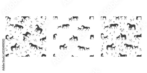 A set of seamless patterns with mares and foals in the pasture
