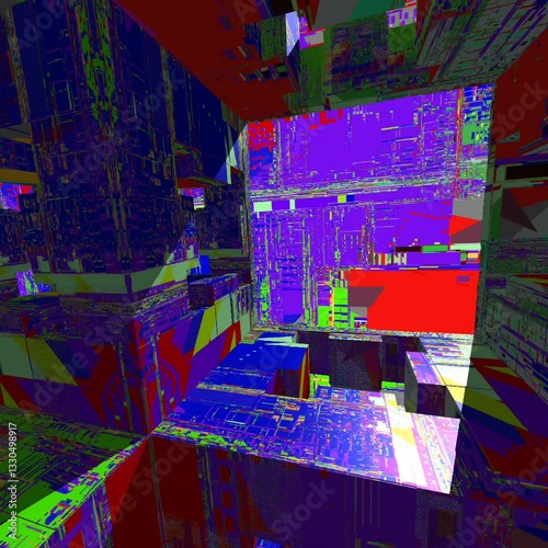 Vibrant 3D glitch animation with blocky geometric shapes and colorful digital distortion effects. Perfect seamless loop for VJ performances, backgrounds, and modern tech presentations.