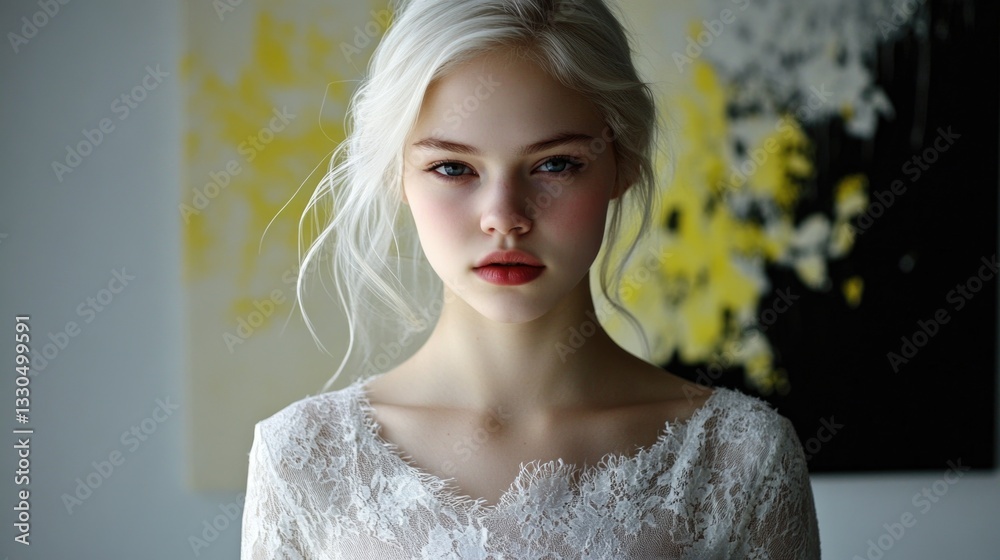 Young caucasian female with white hair in elegant dress against artistic background Young caucasian female with white hair in elegant dress against artistic background