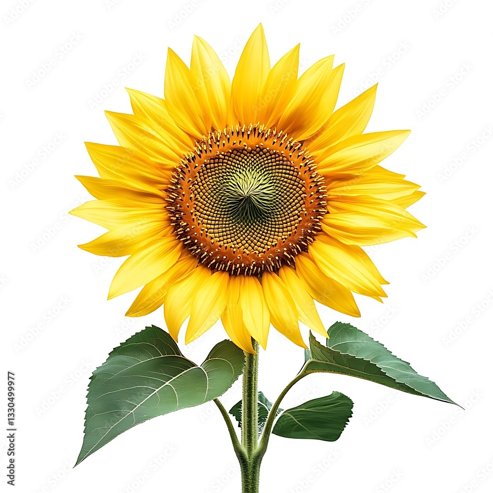 Obraz premium A vibrant sunflower with lush green leaves on a clean white background, captured in high resolution with sharp focus and soft shadows, showcasing photorealistic details and professional clarity.