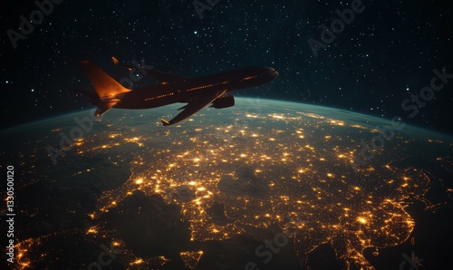 Commercial airplane flies over an illuminated global map at night