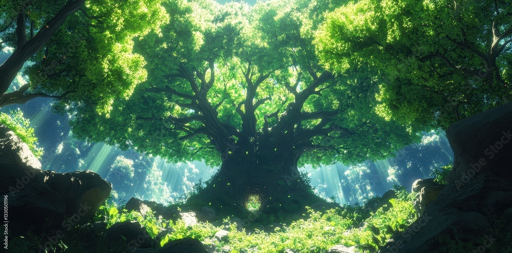 A grand lush green tree is centered within a vibrant forest A grand lush green tree is centered within a vibrant forest