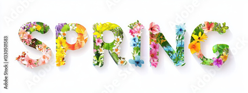 Word Spring with colorful nature images inside the letters, 
