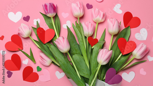 Tulips Bouquet and Hearts on Pink Background