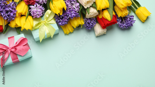 Colorful Flowers and Gift Boxes. Celebration Background.