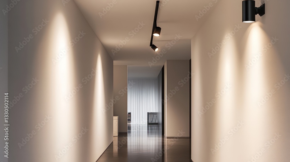 A minimalist apartment hallway with a black track light on the ceiling, featuring three spotlights casting soft, warm light on the white walls