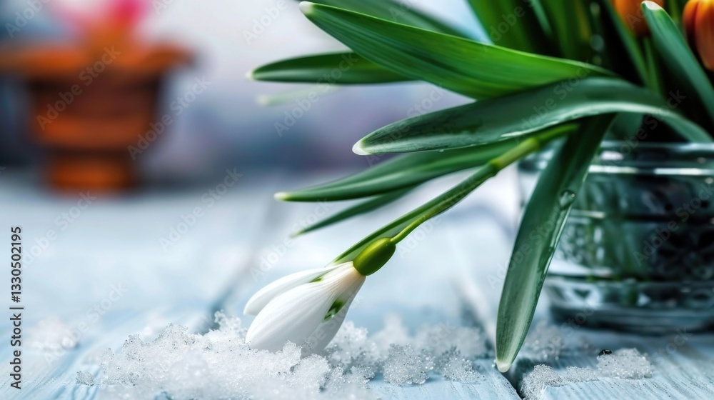 custom made wallpaper toronto digitalDelicate snowdrop emerging through melting snow on wooden surface