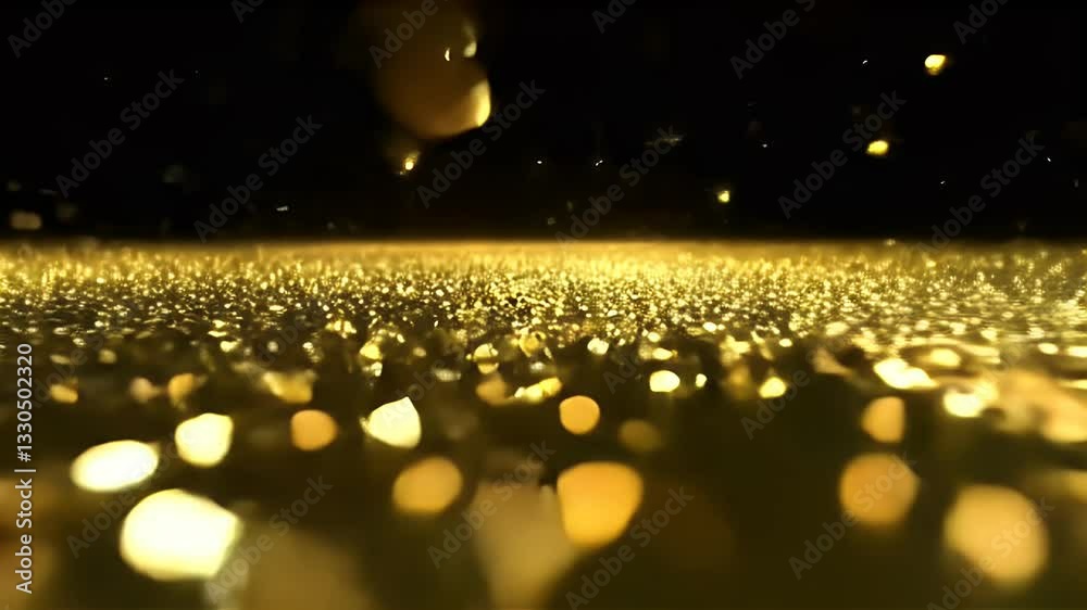 Golden Glitter on Black Background: Shimmering Particles and Luxurious Texture