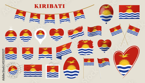 kiribati flag set. Various National flag collection with different shapes like heart, shield, easter egg, location, circle, postmark, grunge, square, round and rectangle vector illustration photo