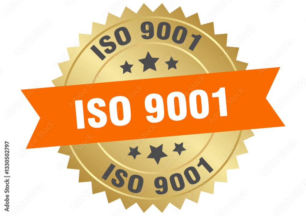 iso 9001. iso 9001 round orange and gold label isolated on transparent background
