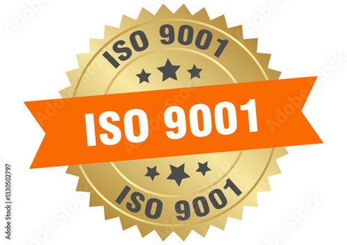 iso 9001. iso 9001 round orange and gold label isolated on transparent background