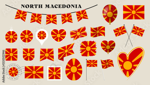 north macedonia flag set. Various National flag collection with different shapes like heart, shield, easter egg, location, circle, postmark, grunge, square, round and rectangle vector illustration