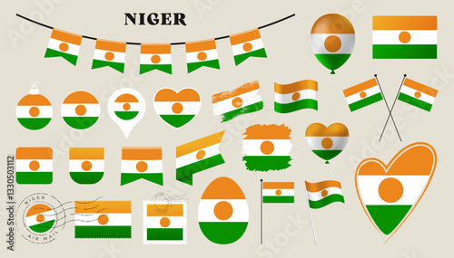 niger flag set. Various National flag collection with different shapes like heart, shield, easter egg, location, circle, postmark, grunge, square, round and rectangle vector illustration