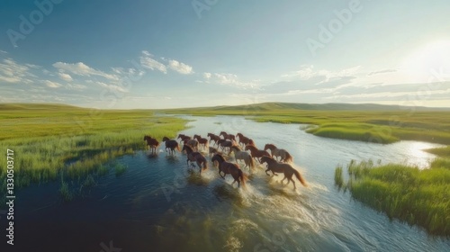 Majestic herd of horses crossing a serene river in a vast grassy plain under a vibrant sky photo