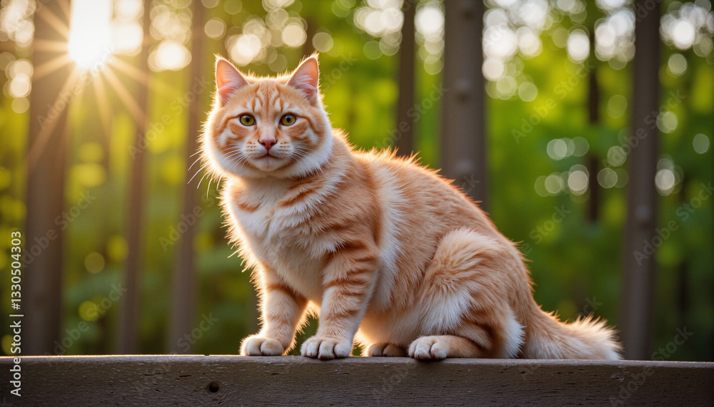 Obraz premium Regal Norwegian Forest cat perched on a wooden fence, basking in morning sunlight