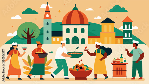 The main square is transformed into a hub of culinary activity as locals prepare the rich and hearty feijoada a true symbol of Brazilian culture.. Vector illustration