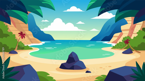 A secluded beach cove hidden from the world providing the ideal place for seniors to find inner peace and rejuvenation through the practice of yoga.. Vector illustration