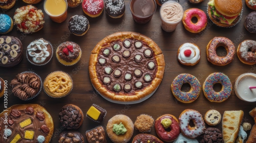 A variety of miniature treats, including pizza, donuts, cupcakes, and drinks, arranged on a wooden surface A variety of miniature treats, including pizza, donuts, cupcakes, and drinks, arranged on a wooden surface