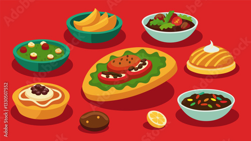 The sopes fillings are a mix of traditional and modern flavors from shredded beef with a y chipotle sauce to vegetarian options like black beans and roasted vegetables.. Vector illustration