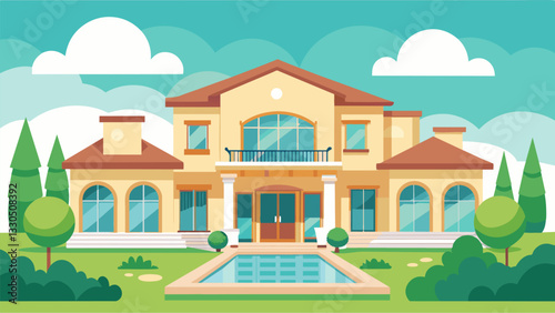 A luxurious villa with a main floor master suite and a separate guest house providing privacy for parents and a comfortable guest space for visiting relatives.. Vector illustration