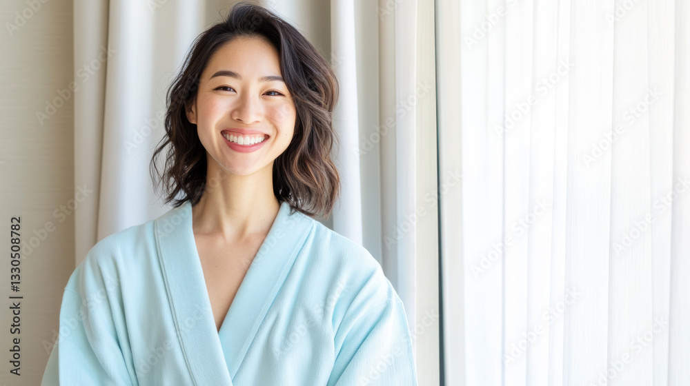 Smiling asian female young adult in blue robe by window Smiling asian female young adult in blue robe by window