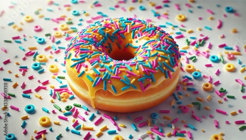 Delicious Glazed Donut with Colorful Sprinkles – Perfectly Golden, Sweet, and Fluffy Pastry on a Clean White Background