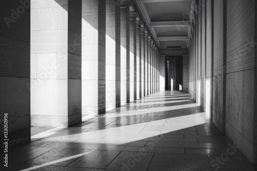 Monochromatic Architectural Corridor with Dramatic Shadows and Light Play
