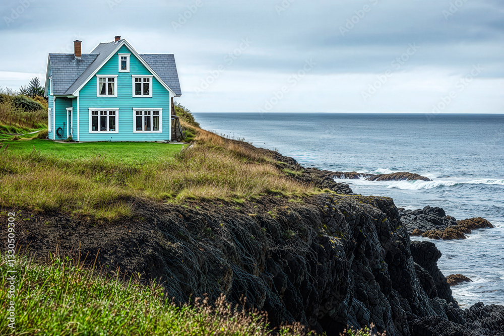 Mint green wooden house on cliff by the ocean with rocky coastline under cloudy sky in coastal landscape Mint green wooden house on cliff by the ocean with rocky coastline under cloudy sky in coastal landscape