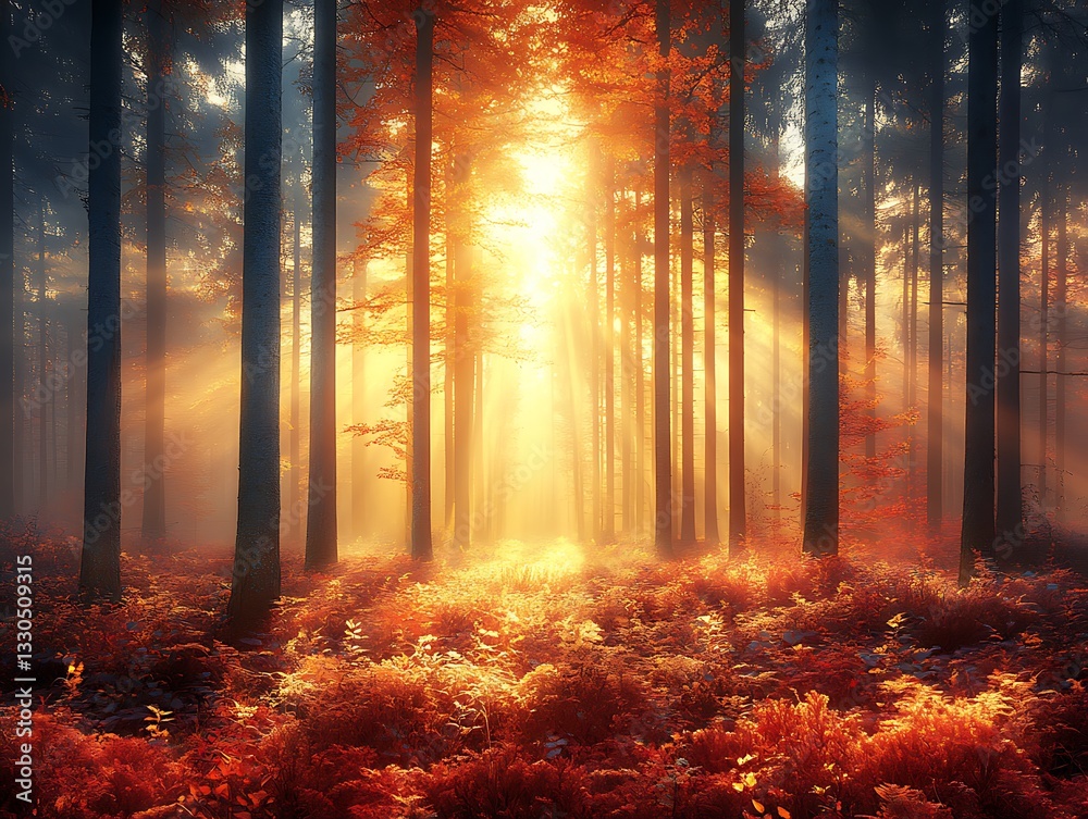 Naklejka premium Golden Sunlight Filters Through Dense Forest Trees And Vegetation