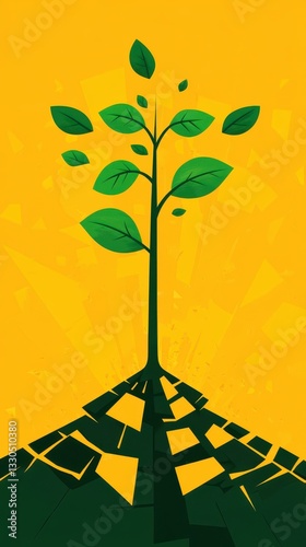 A stylized illustration depicts a growing green plant in color