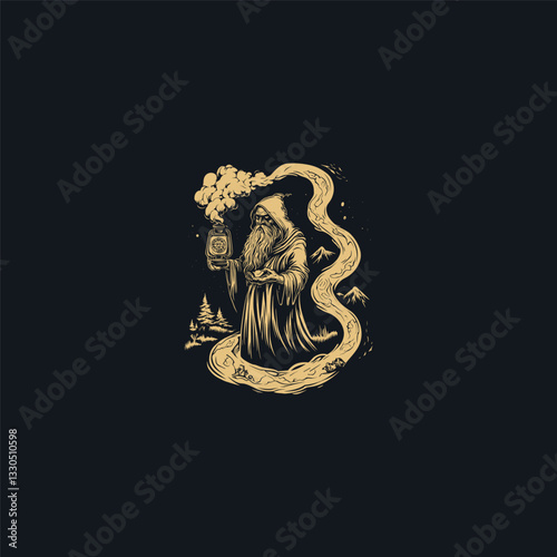 Hermit holding lantern design vector template illustration