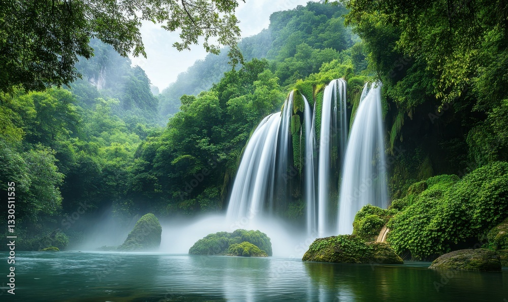 Fototapeta premium A majestic waterfall surrounded by mist, capturing the raw power and beauty of nature