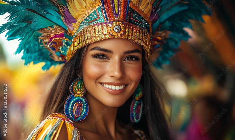 Fototapeta premium a woman smiling brightly while wearing an ornate, colorful headdress and earrings.