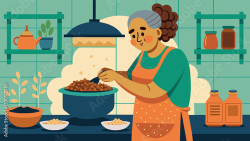 The rich earthy aroma of freshlysoaked morro seeds fills the kitchen as a grandmother prepares a batch of horchata for her family.. Vector illustration
