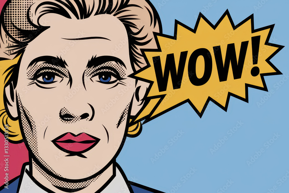 Bold Woman Expressing Amazement with a Comic-Style 'WOW!' Speech Bubble Bold Woman Expressing Amazement with a Comic-Style 'WOW!' Speech Bubble