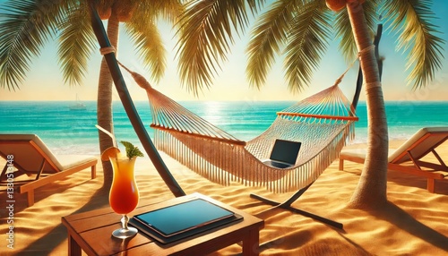 Tropical Beach Hammock with Tablet and Cocktail – Perfect Work-Life Balance, Remote Work Freedom, and Relaxation in Paradise