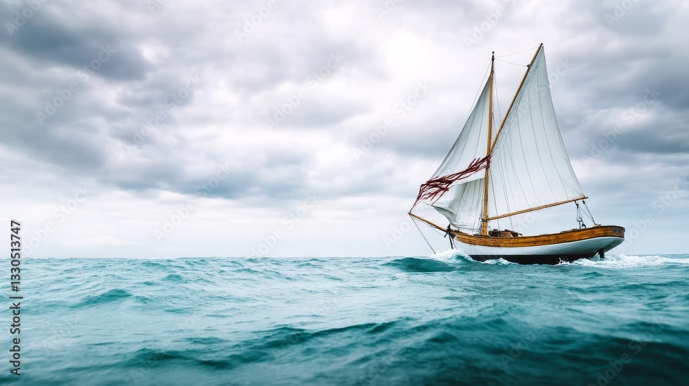 Fototapeta premium Sailboat with torn sails fighting against the elements, dramatic survival storytelling