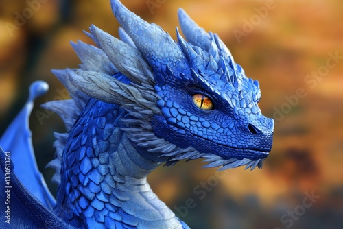 Majestically posing blue dragon with shimmering metallic skin and striking yellow eyes, embodying the essence of fantasy and power